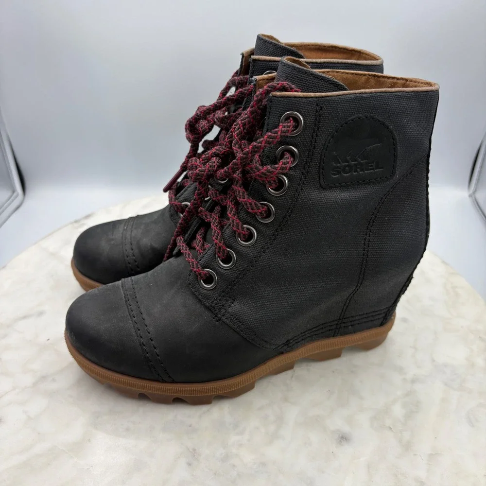 Sorel PDX Wedge Boots Women 6.5 Black Excellent LaceUp Canvas Leather Waterproof